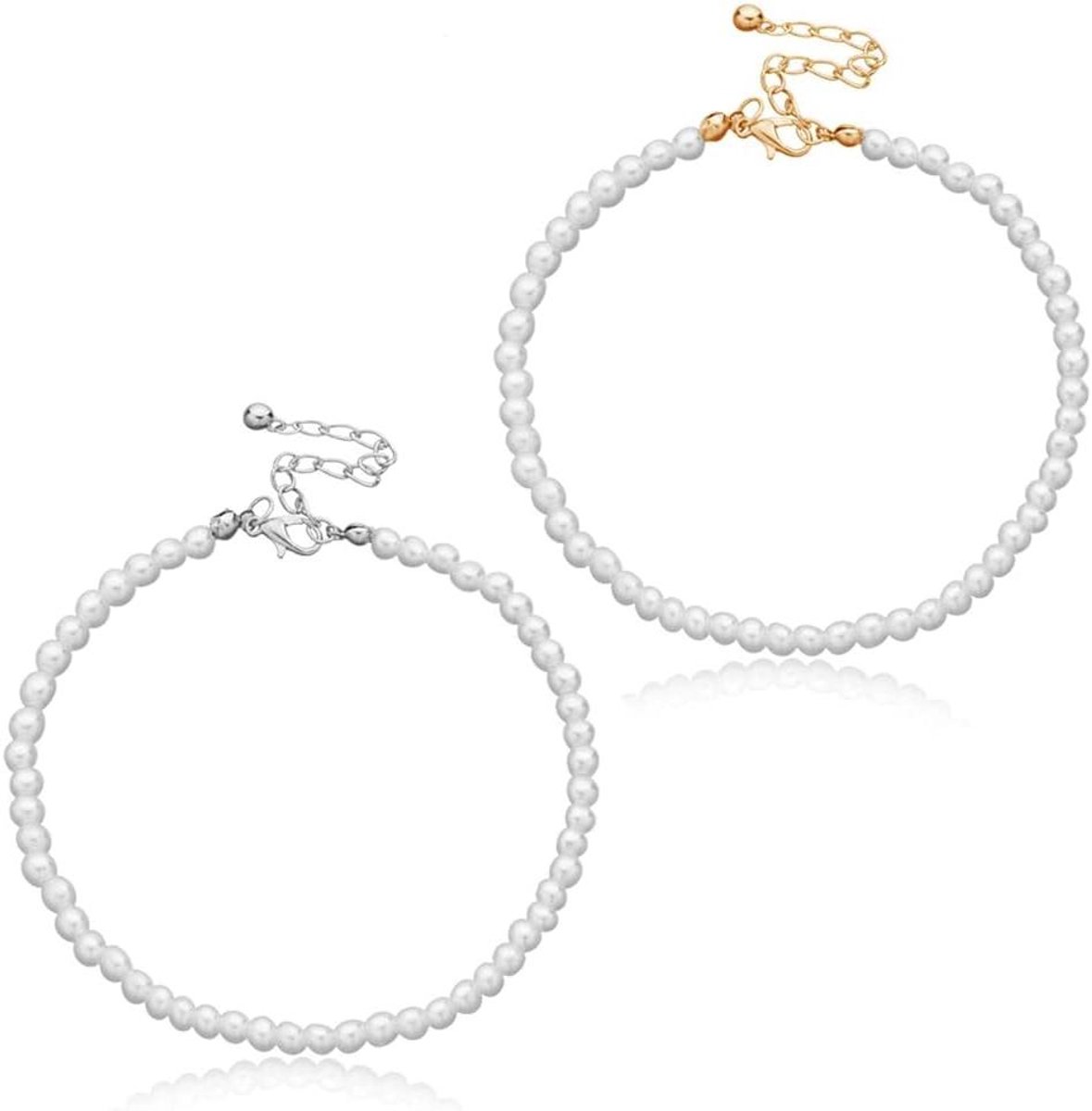 Ronte - Enkelbandje met kunstparels, ronde parels, boho stijl, verstelbaar, zomer accessoire, Hawaï thema, voor strandliefhebbers, voetsieraad in goud en zilver, set van 2 stuks.