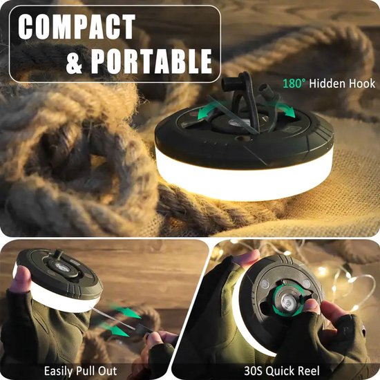 Campinglamp, tentlamp, oprolbare lichtslinger, multifunctionele buitenverlichting, opvouwbare lichtslinger geschikt voor kamperen - 10 meter warm licht + gekleurd licht — afbeelding 3