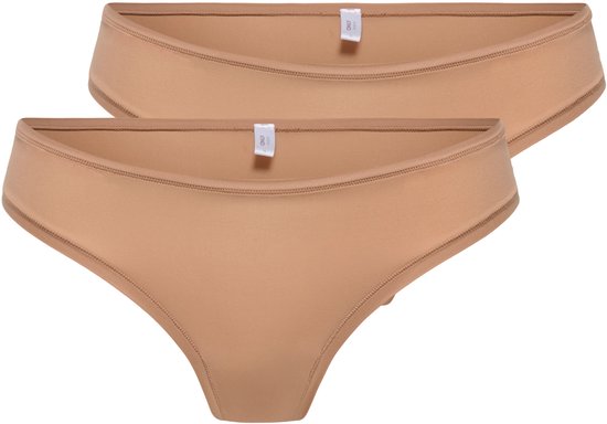 Twee beige tailleslipjes van ONLY, met platte, beige elastische banden aan de bovenkant.