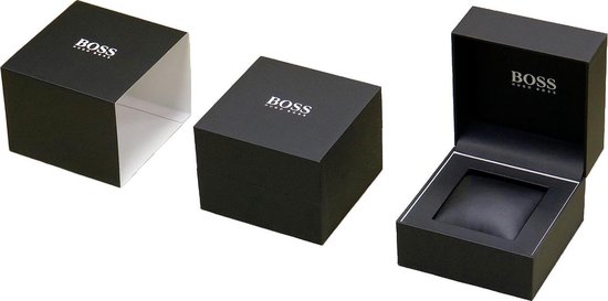 Zwarte BOSS geschenkdozen voor horloges, gesloten en open.