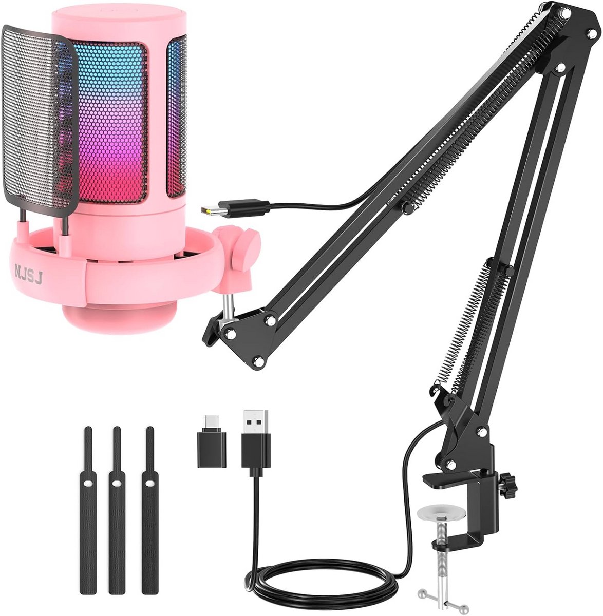 USB Condensatormicrofoon voor Gaming, Podcast & Opnames - Inclusief Zwenkarm & RGB Verlichting
