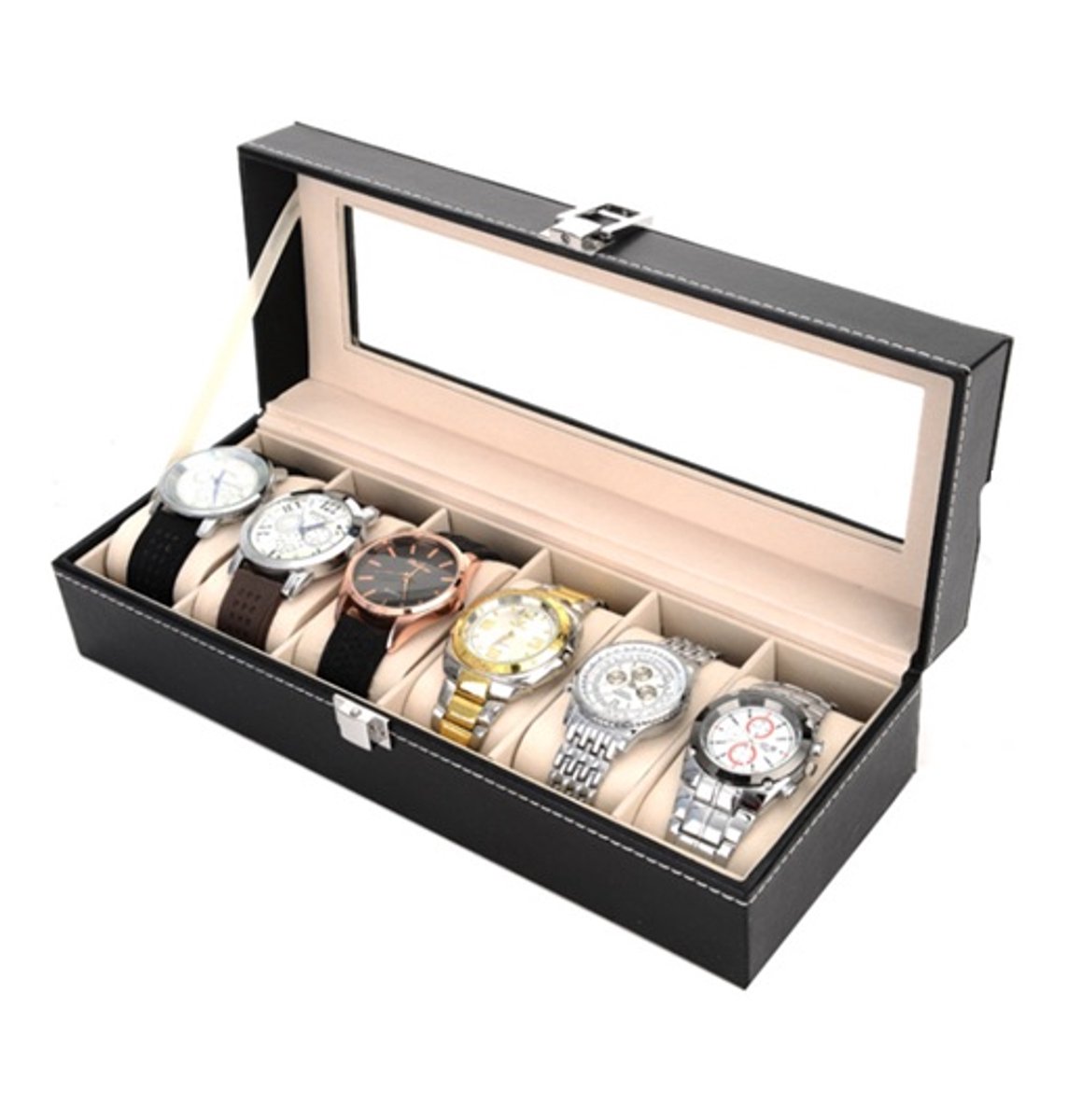Horloge doos voor 6 stuks - opbergdoos - display - watch box - horloge koffer - kunstleer - horloge organiser - horloge kist - horloge etui - sieradendoos