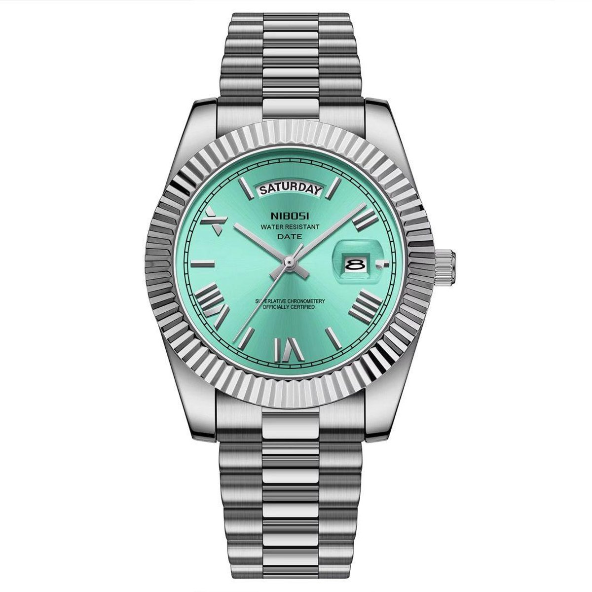 Nibosi - Herenhorloge - Polshorloge - Heren - Horloge - Horlogedoos - Mannen - Zilver Mint- RVS - Diamonds