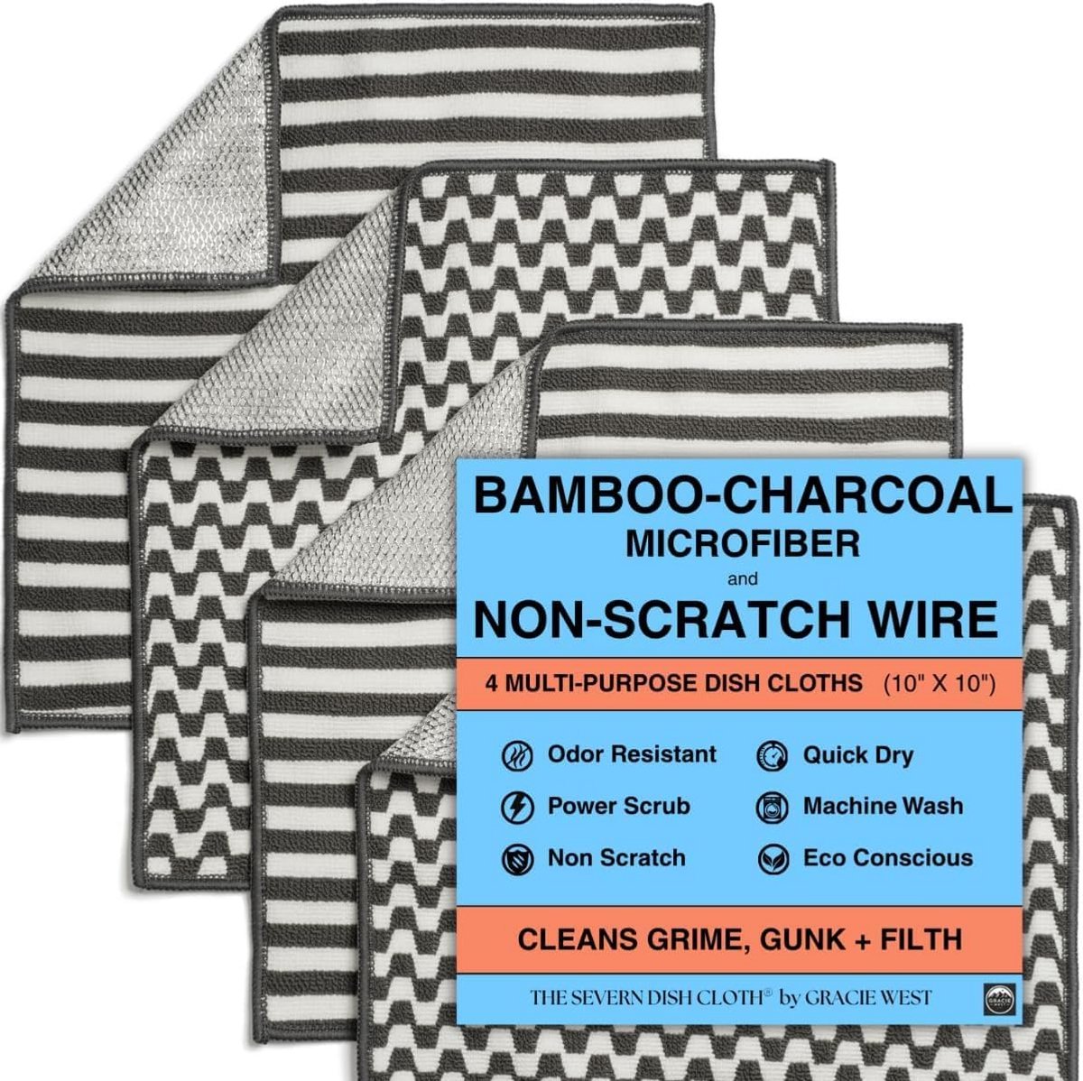 Vaatdoek 4 stuks geurloos met draadschrobber dubbelzijdig bamboe houtskool microvezel