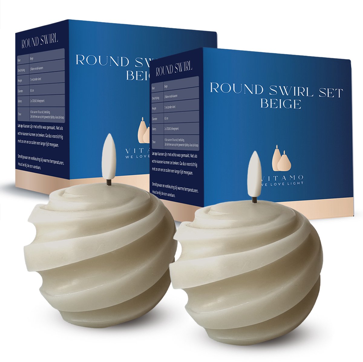 VITAMO Swirl Set - LED Kaarsen met Echte Wax en Realistische Flikkering - Met Timerfunctie - Natuurlijke en Sfeervolle Uitstraling - Beige (2 Stuks)