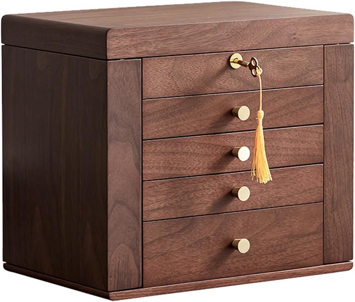 Luxe Houten Sieradendoos met 4 Laden, Spiegel en Slot - Grote Sieradenkist voor Dames