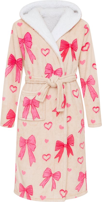 Badjas dames met capuchon - beige fleece badjas met hartjes en strikjes - heerlijk zacht en warm - dikke badjas met sherpa voering - maat L/XL
