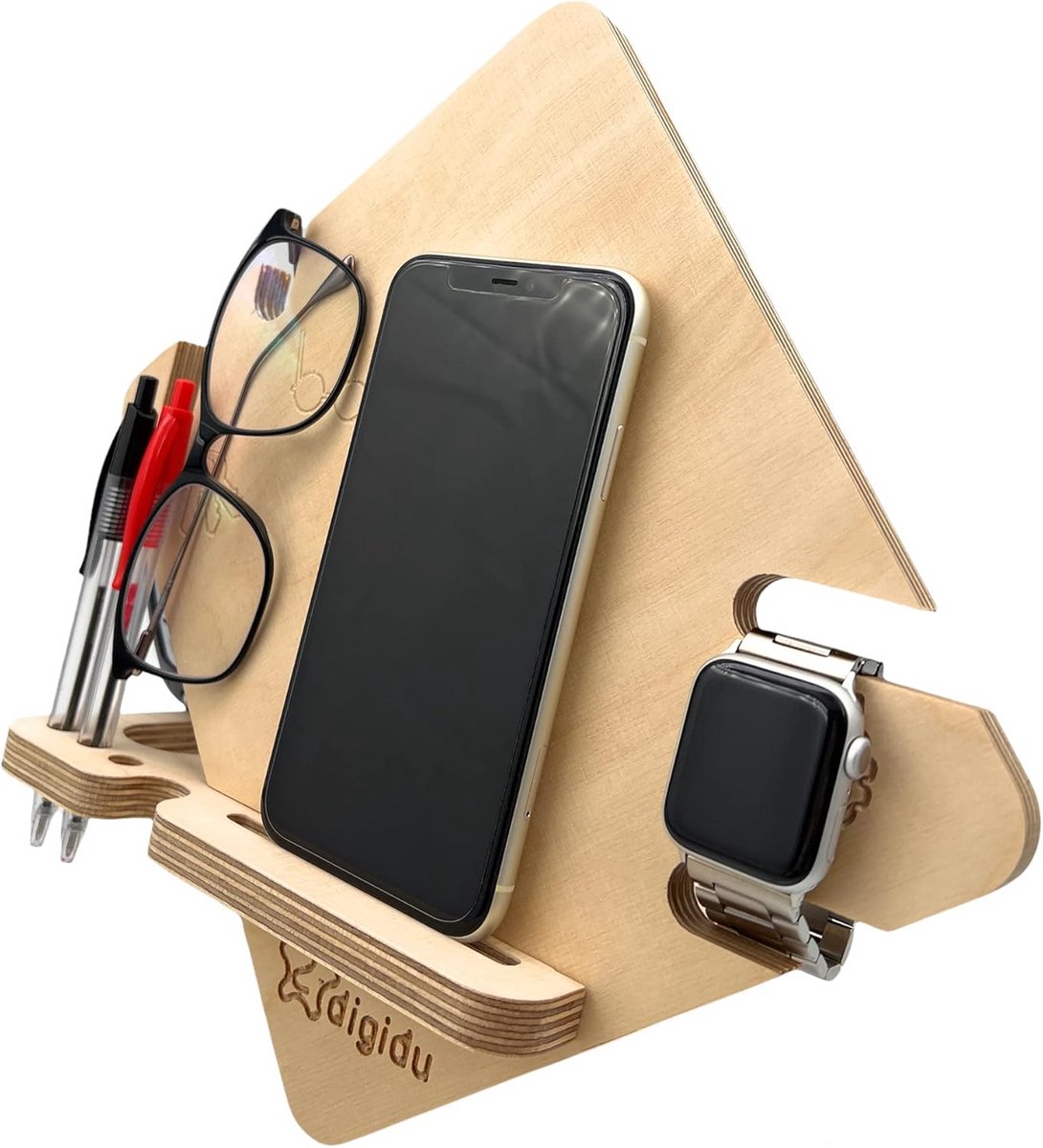 Houten Bureau Organizer en Laadstation voor Telefoon en Accessoires