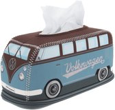 Blauwe Volkswagen T1 Bulli bus tissuebox met bruine bovenkant, Volkswagen logo en 'Volkswagen' opschrift.