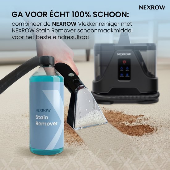 NEXROW vlekkenreiniger en Stain Remover reinigen een bevlekte vloerbedekking. Hand met slang en opzetstuk.