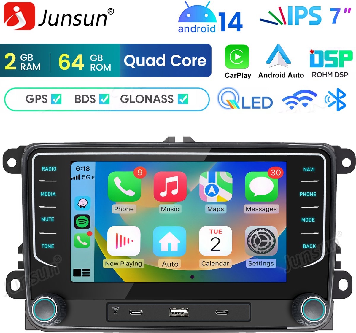 Hexinex Quad-Core autoradio Geschikt voor VW GOLF 5 6 Touran Tiguan - Draadloos CarPlay, Android Auto, multimediaspeler, 2GB+64GB