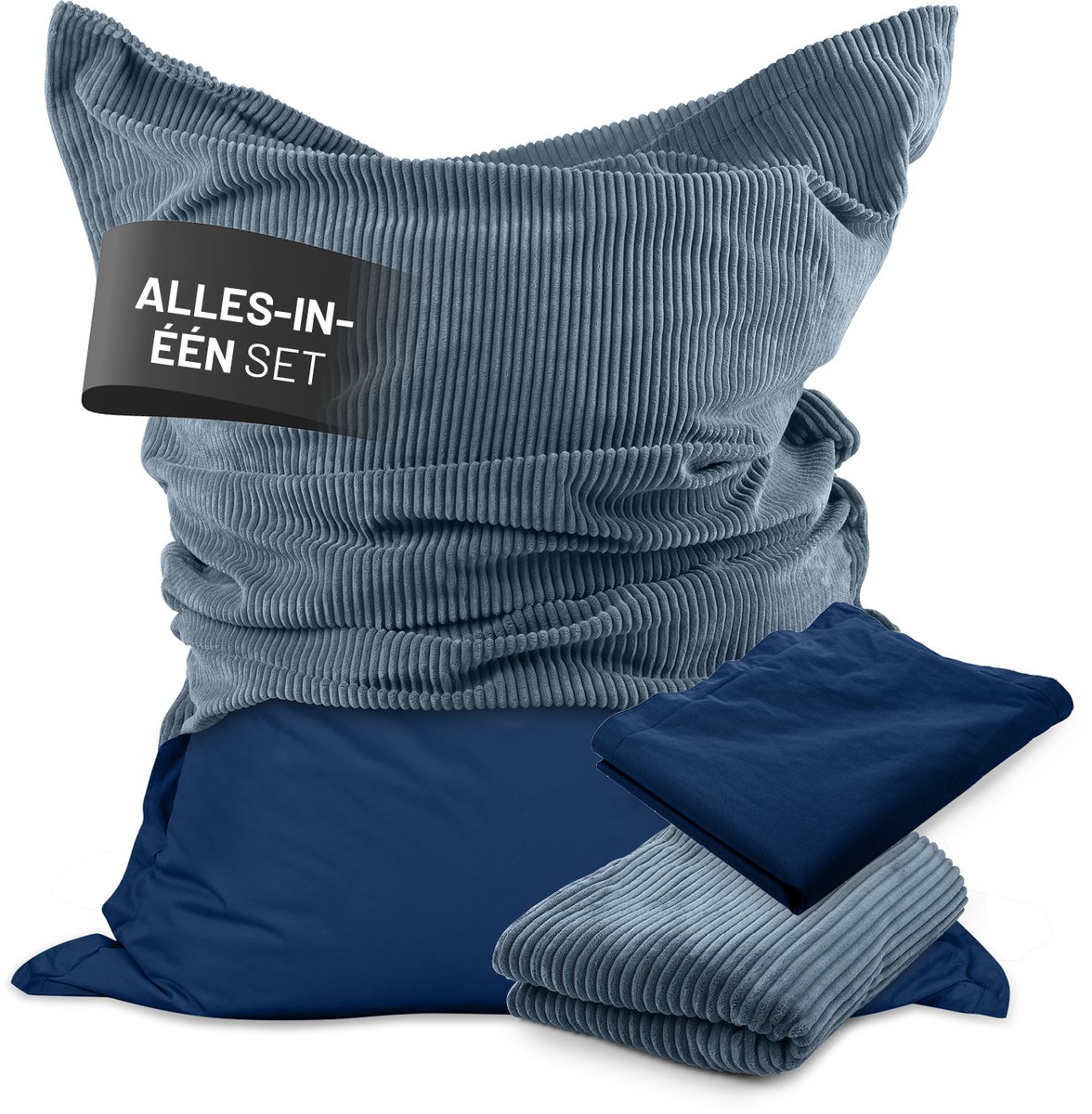 Lumaland Zitzak Classic XXL All-in-One Set Reuzenzitzak met corduroy & outdoor hoes Indoor Outdoor Bank Fauteuil EPS-vulling Afneembare hoes marineblauw
