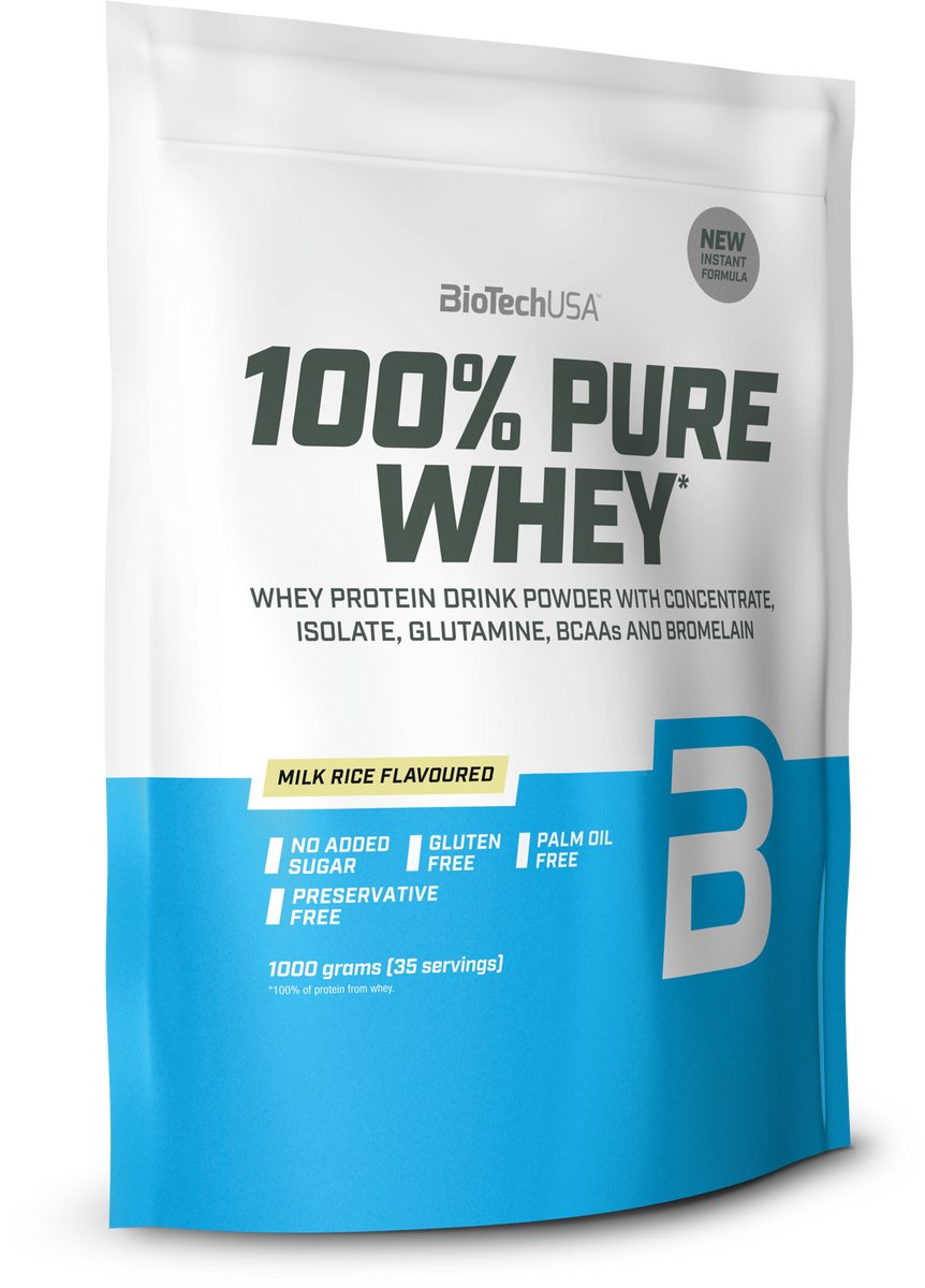 BioTechUSA 100% Pure Whey | Eiwitpoeder met BCAA en Glutamine | Glutenvrij, Palmolievrij | 21g Eiwit per portie, 1 kg, Melk Rijst
