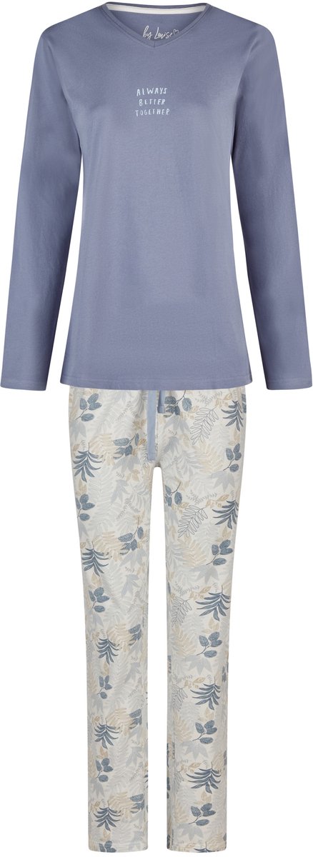 By Louise Dames Pyjama Set Lang V-Hals Donkerblauw Gebloemd
