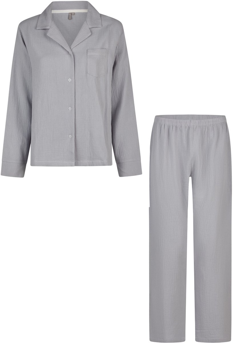 By Louise Dames Pyjama Set Lang Mousseline Met Knoopjes Grijs/Blauw