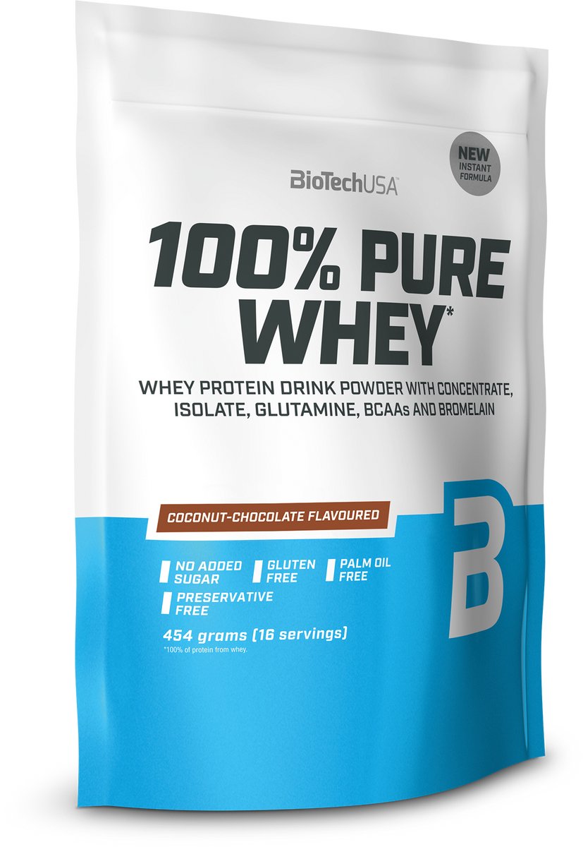 BioTechUSA 100% Pure Whey | Eiwitpoeder met BCAA en Glutamine | Glutenvrij, Palmolievrij | 21g Eiwit per portie, 454 g, Kokos-Chocolade