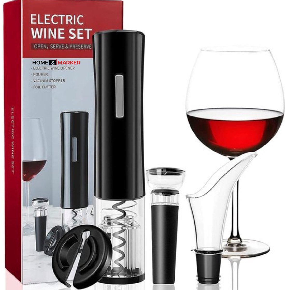 Home & Marker - Elektrische Kurkentrekker - Wijnopener - Set met Wijn Accessoires - Wijnstopper - Foliesnijder Wijnfles - Wijnschenker - VINOCORK