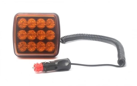 Amberkleurige LED-lamp met 12 lampjes, opgerolde kabel en sigarettenaanstekerplug.