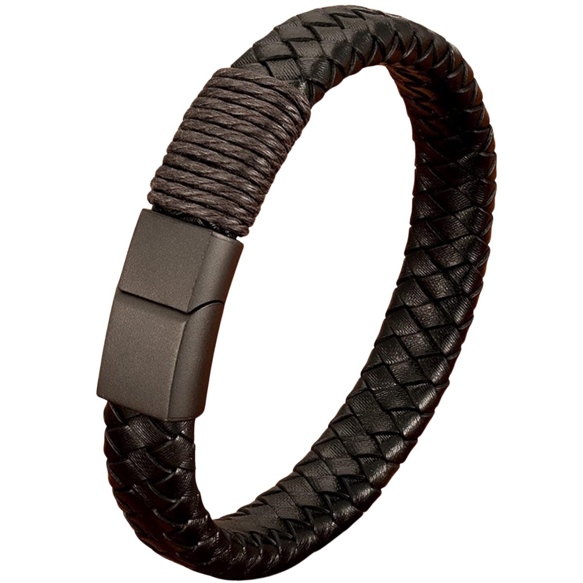 Leren Armband Heren - Gevlochten Zwart Leer - 21 cm - Zwarte RVS Sluiting - Stoere Herenarmband - Luxe Herenarmband - Perfect als Cadeau
