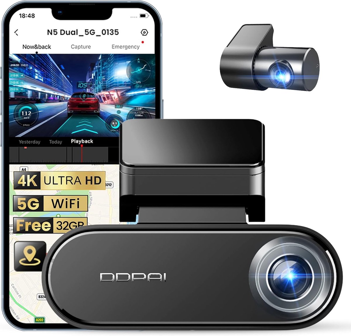 DDPAI N5 Dual Dashcam voor Auto - Ultra 4K Resolutie - Wifi en GPS - 32GB interne Geheugen - Parkeerstand