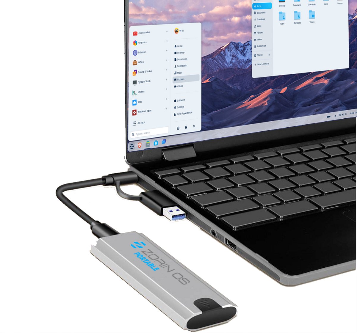 Draagbare externe M.2 SSD met Zorin 18 voorgeïnstalleerd + AnonSurf Module