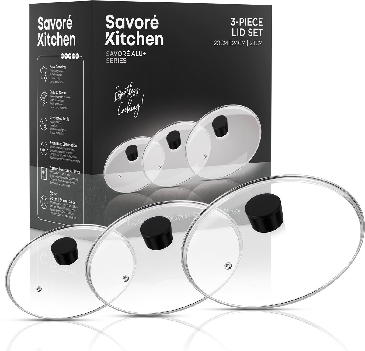 Savoré Kitchen 3-delige Pannendeksel Set - Ø 20, 24 & 28 cm - Deksel - Pandeksel - Potdeksel - Pannendeksel - Deksels - Zwart