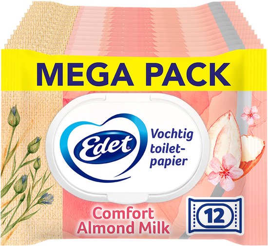MEGA PACK Edet Vochtig Toiletpapier Comfort Amandelmelk, 12 verpakkingen met 42 vellen.