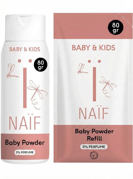 Fles en navulverpakking Naïf Babypoeder 80gr, 0% parfum, met libellenprint.