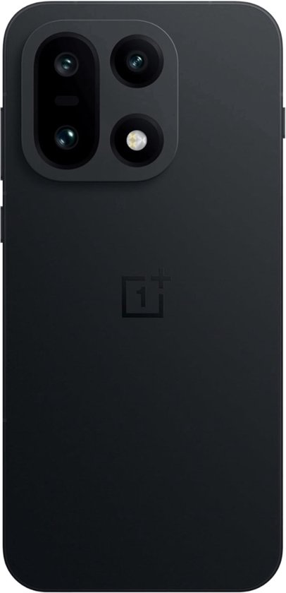 Zwarte OnePlus telefoon met een vierkant camerablok met drie lenzen.