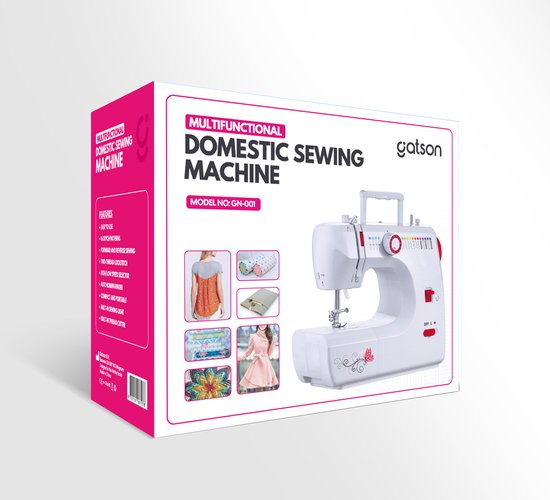 Doos van de Gatson multifunctionele naaimachine met afbeeldingen van de machine en kleding.