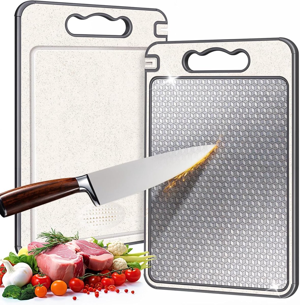 Rivv Dubbelzijdige Snijplank met Ingebouwde Messenslijper - RVS Snijplank & Knoflookpleter - Professionele Snijplank - Cutting Board - Keuken Snijplank - PFAS Vrij & Antibacterieel