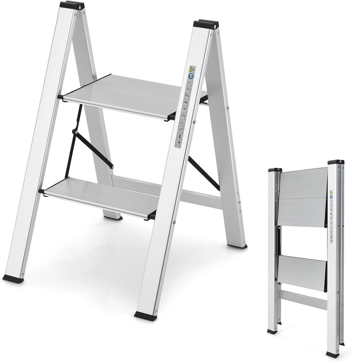 Famanu - Aluminium trapladder met 2 treden, inklapbaar, antislip en stabiel, zilver