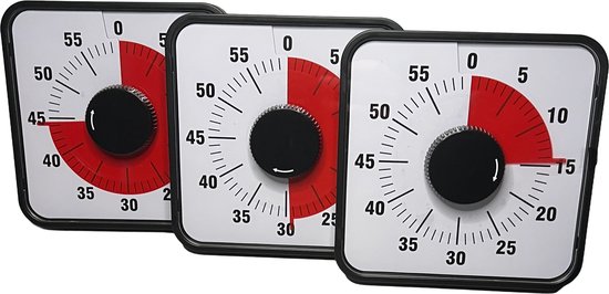 Drie witte timers met zwarte rand, elk met een wijzerplaat met rode en witte segmenten en een zwarte knop.