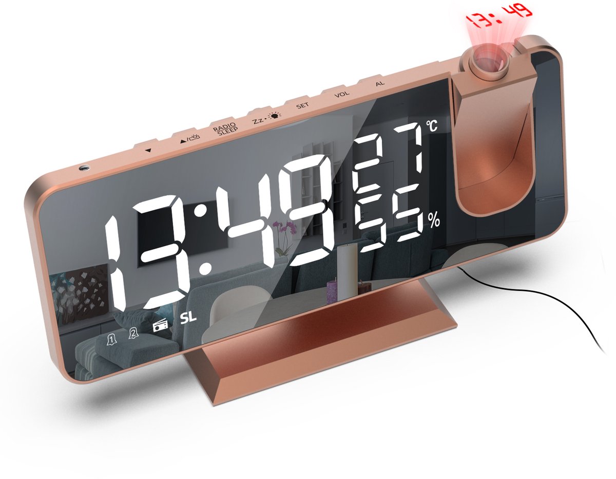 STILVORA Projectieklokken – Multifunctionele Projectieklok Met FM-Radio, Temperatuur/Luchtvochtigheid En USB-Laden – ABS – Roségoud