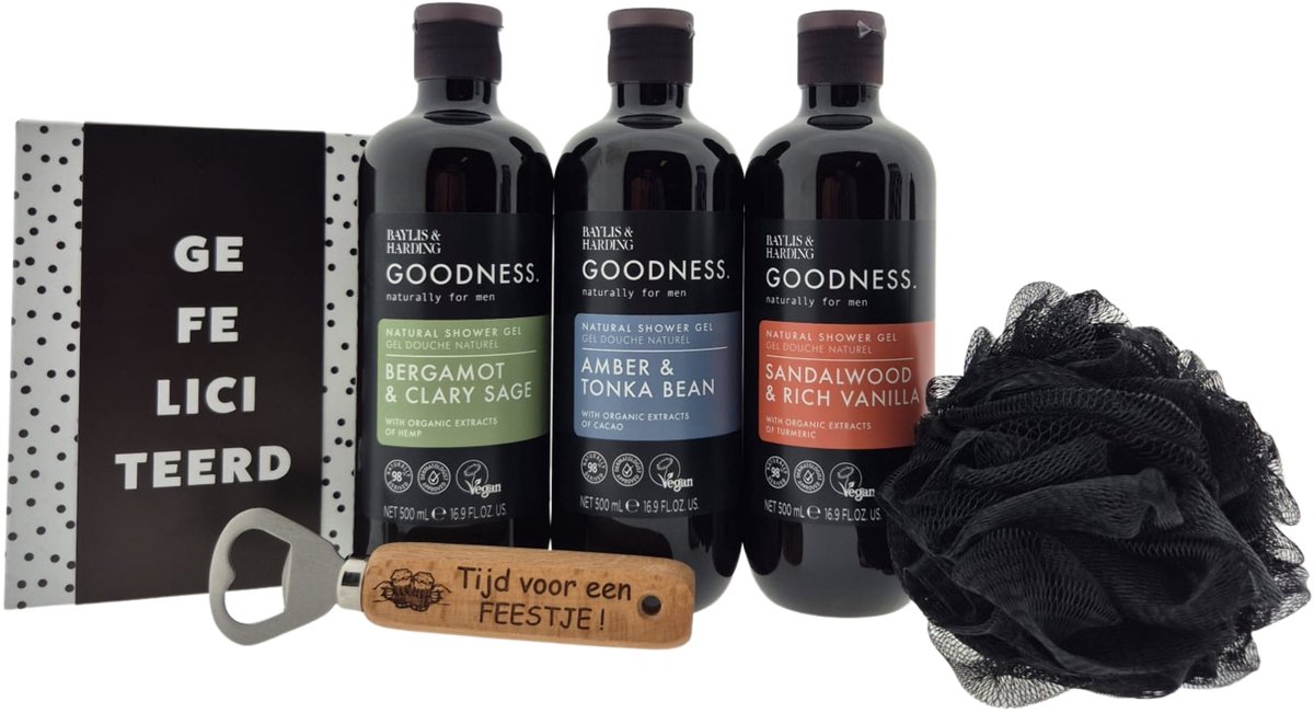 Baylis & Harding Men Douche Cadeauset – 3x Shower Gel met Puff, Chocoladewens & Bieropener “Tijd voor een Feestje” – Cadeau voor Mannen