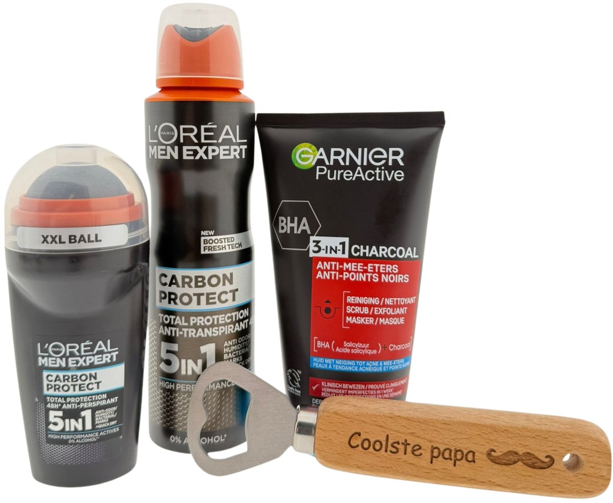 L’Oréal Men Expert Carbon & Garnier Heren Cadeauset – Deo Spray, Deo Roller, Reinigingsgel & Bieropener “Coolste Papa” – Vaderdagcadeau voor Mannen