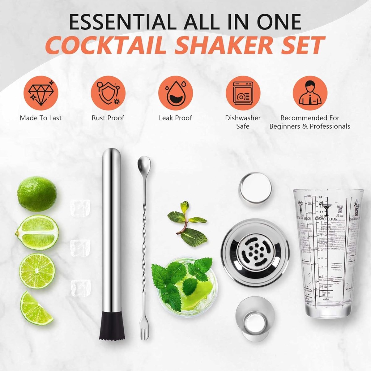 Candala Cocktail Shaker Set van glas, Margarita Mixer Shaker met zeef en maatlepel, professionele bar gereedschap set voor barman en beginners (Zilver, 6PCS)