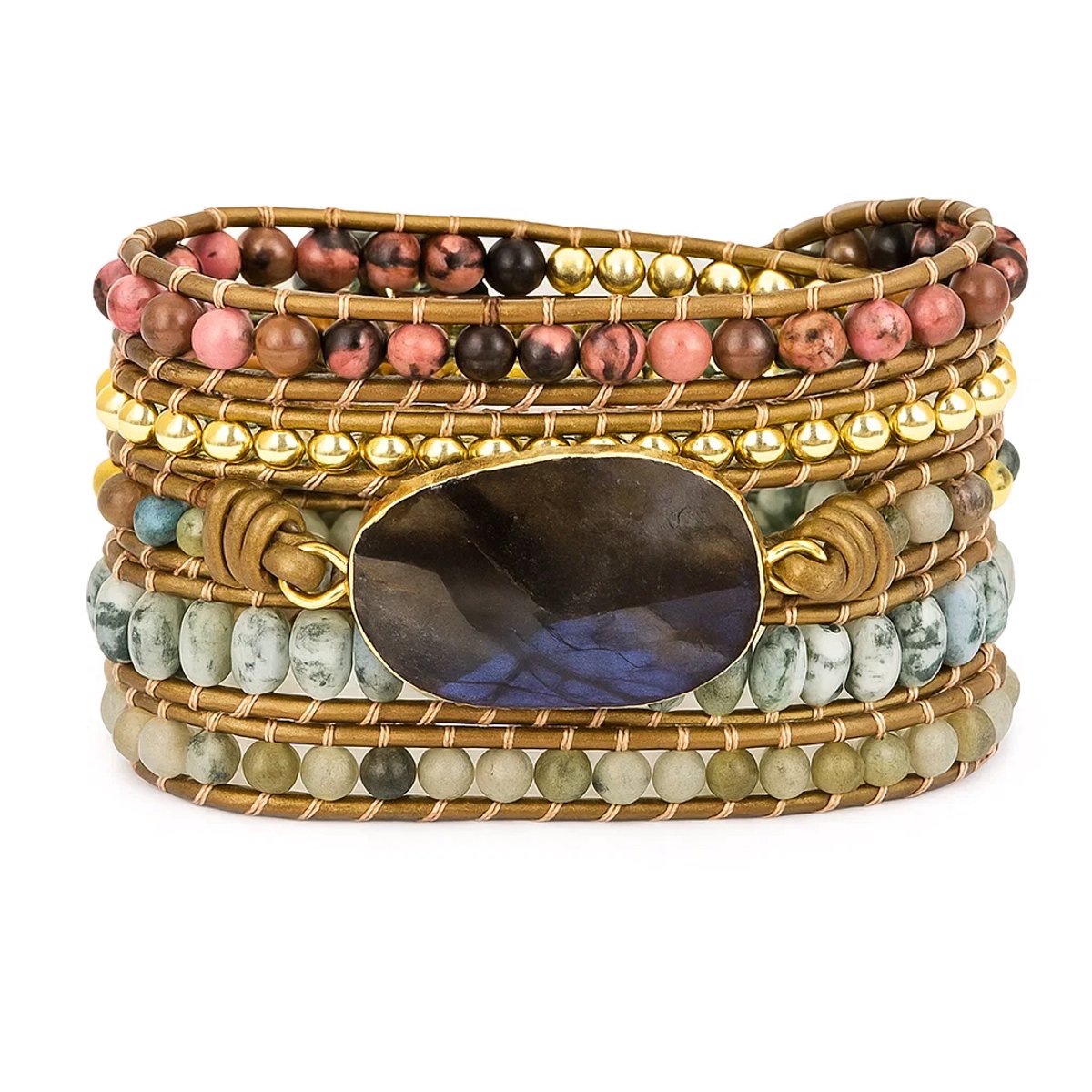 Marama - Wikkelarmband Misty Blue - donkerbruin leer - edelsteen labradoriet - 83.5 cm - cadeautje voor haar - 5x om de pols - one size fits all - luxe geschenkverpakking