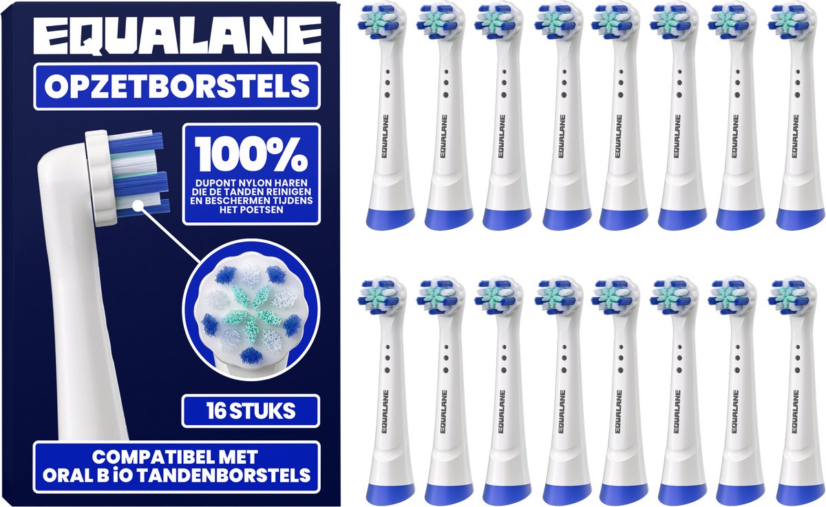EQUALANE Opzetborstels - Geschikt voor Oral B iO tandenborstels - Universele Opzetborstels - Zachte Borstelharen - Wit - 16 Stuks