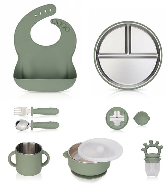 BIMOU 11-delige baby eetset - kinderservies set RVS & siliconen BPA-vrij - bord, bestek, drinkbeker & slab - duurzaam kraamcadeau - vanaf 6 maanden van BIMOU — afbeelding 5