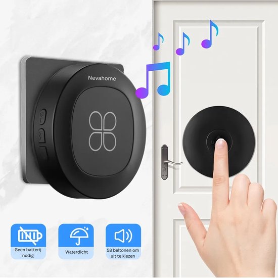 Nevahome Draadloze Deurbelset - Zwart - Plug-in Ontvanger - Verstelbaar Geluidsvolume - Groot Bereik — afbeelding 4
