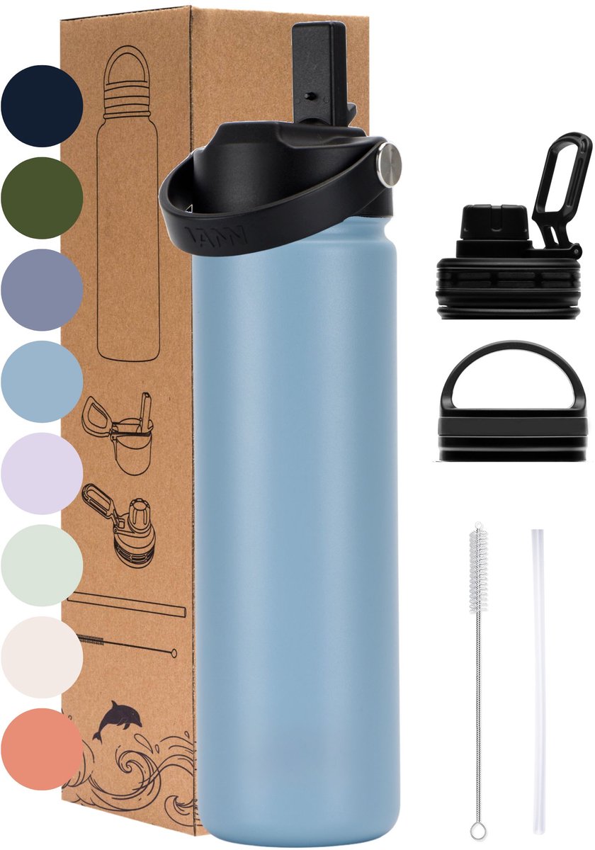 VANN® 3-Wandige RVS Drinkfles 650 ML met rietje voor volwassenen – Met 5 accessoires – Thermosfles – 24 uur koud/12 uur warm – Bay Blue – VANN Ultimate Bottle®