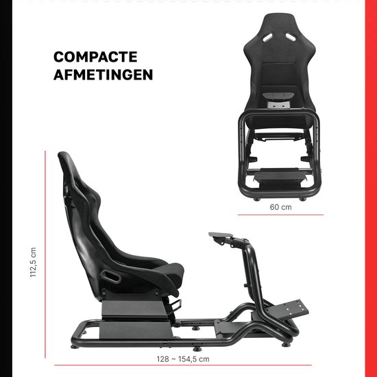 Zwart racesimulator frame met kuipstoel, afmetingen 112,5 cm hoog en 128-154,5 cm lang. Compacte afmetingen.