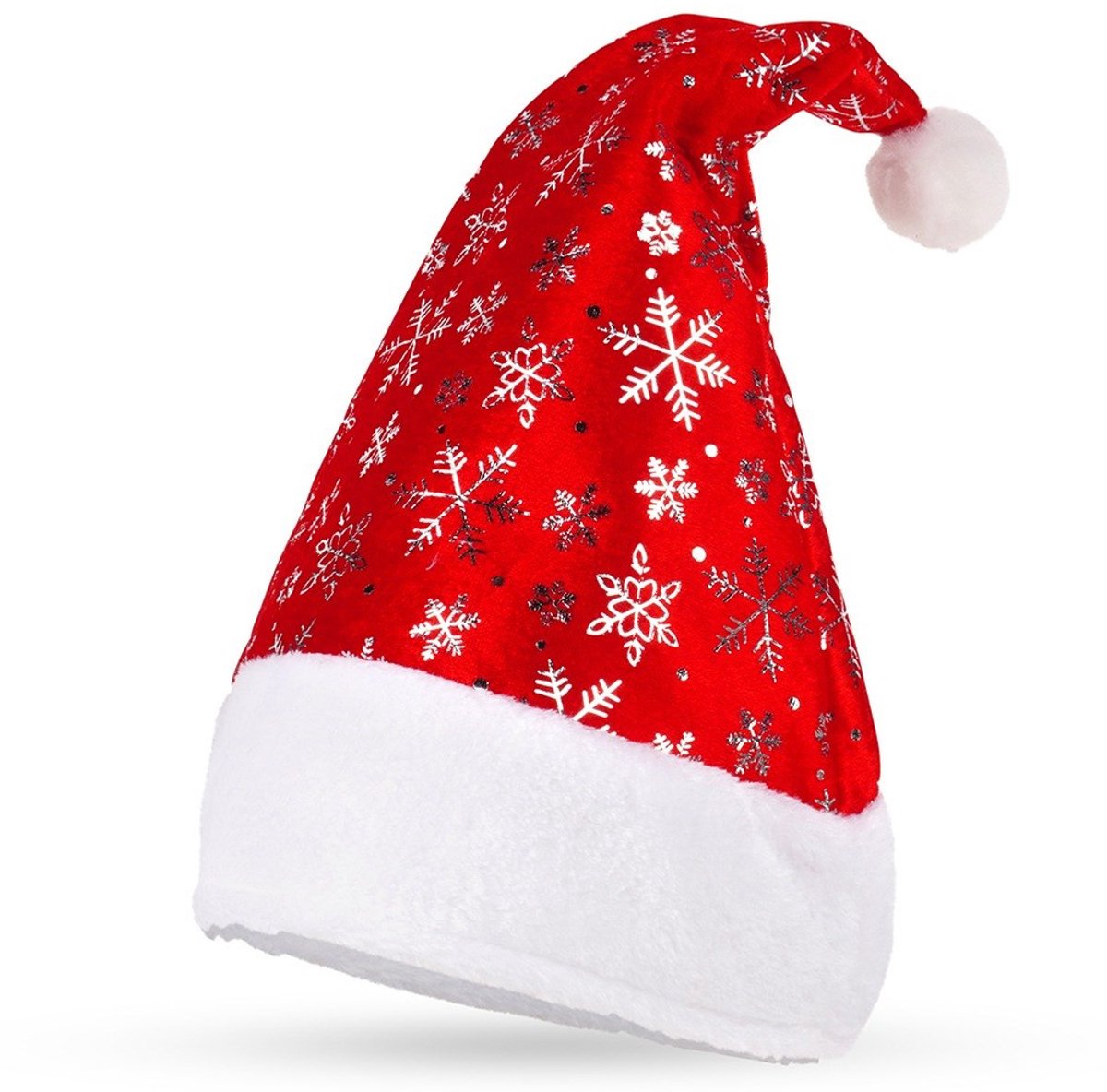 Witbaard Kerstmuts Glitter Sneeuwvlokken Pe Rood/wit/zilver