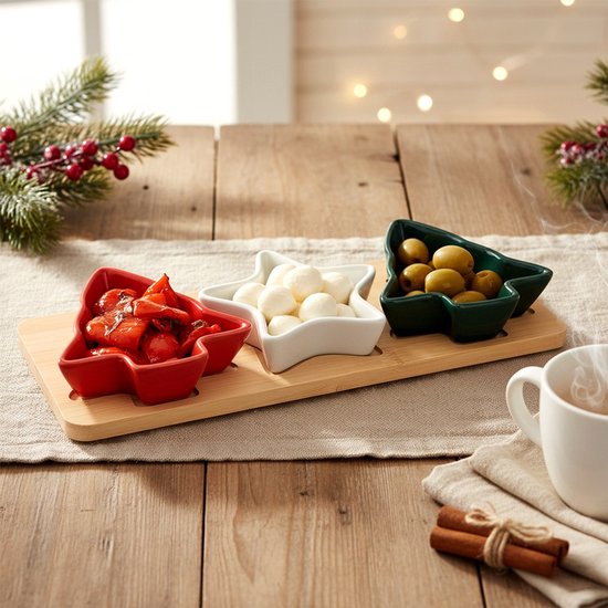 MIJOMA Serveerstel Kerstmis X-MAS – 5-delig set, houten slee 32x8,5cm met 4 glazen schalen 6,5cm – Perfect voor tapas, kaasblokjes, dipsaus en snoep – Feestelijke tafeldecoratie