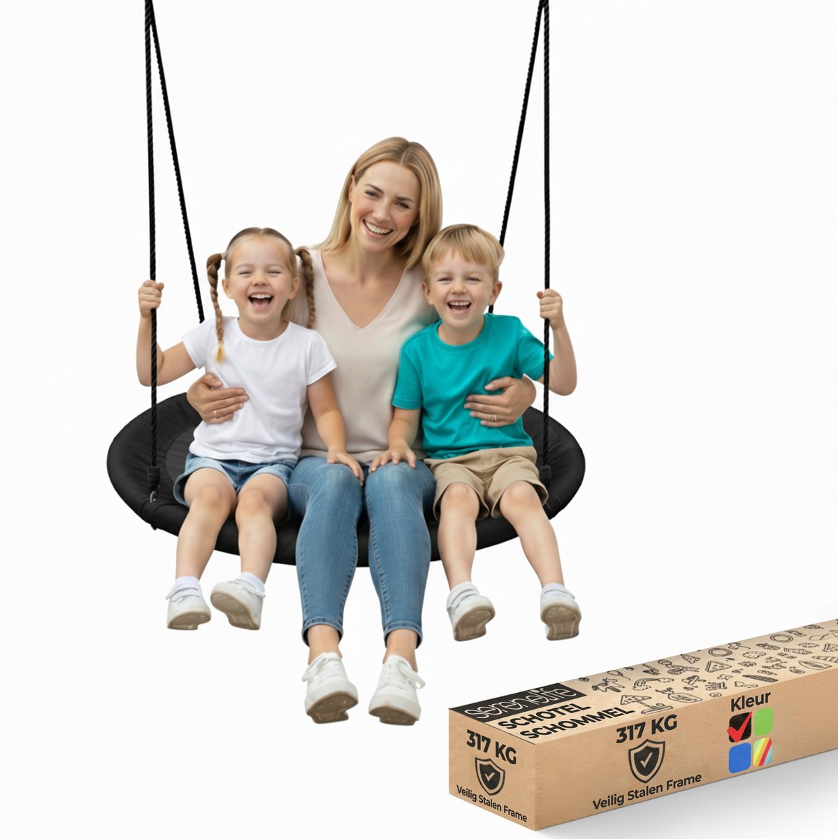 SereneLife Nestschommel met Boom Ophangset – 102 cm Buitenschommel – Inclusief Verstelbare Ophangbanden & 360° Draaischarnier – Weerbestendig – Voor Kinderen – Zwart