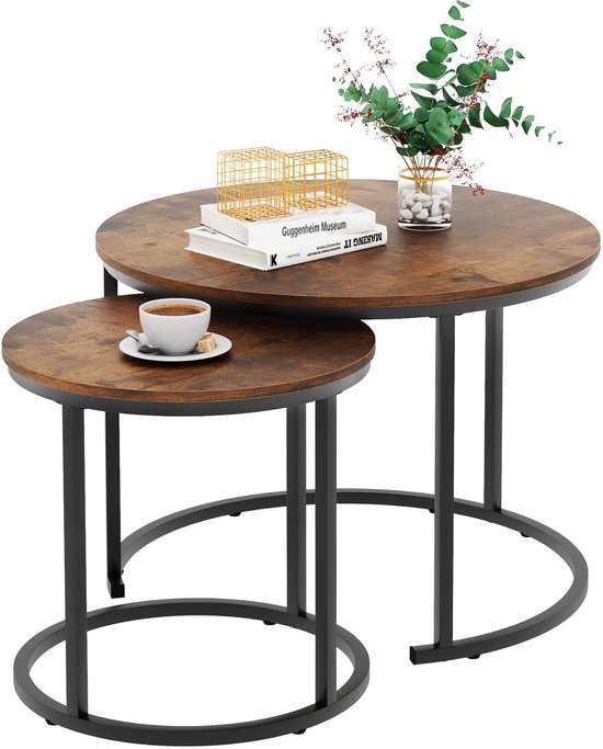 Luxaliving Salontafel Set Rond – Industrieel Hout & Metaal – 2-Delig – Grote Tafel 58×40 cm & Kleine Tafel 48×33 cm – Bijzettafels / Nesttafels – Vintage Bruin