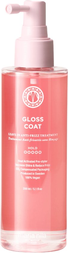 Flesje roze Maria Nila Gloss Coat leave-in anti-frizz treatment met pompje.