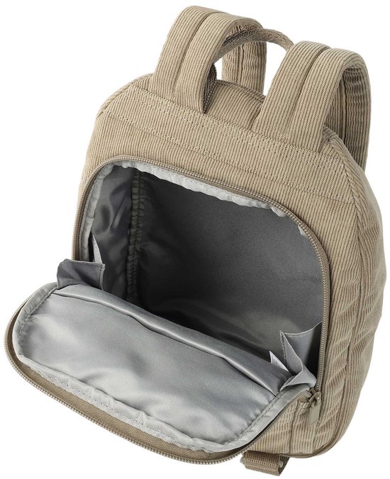 Beige ribfluwelen rugzak open met binnenvakken en grijze voering.