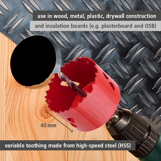 Rode wolfcraft gatenzaag van 40 mm in metaal en hout, met variabele tanding van HSS-staal.